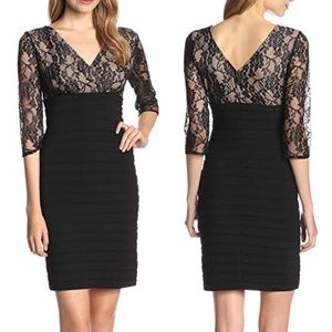 Adriana Papell Nude Black Lace 3/4 Sleeve Dress